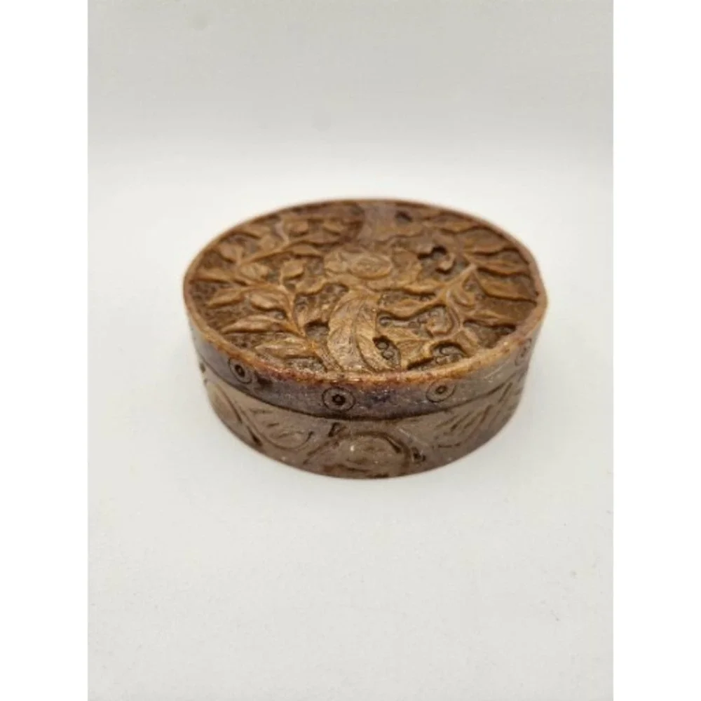 Vintage Carved Soapstone Hinged Round Trinket Jewelry‎ Keepsake Box With Lid